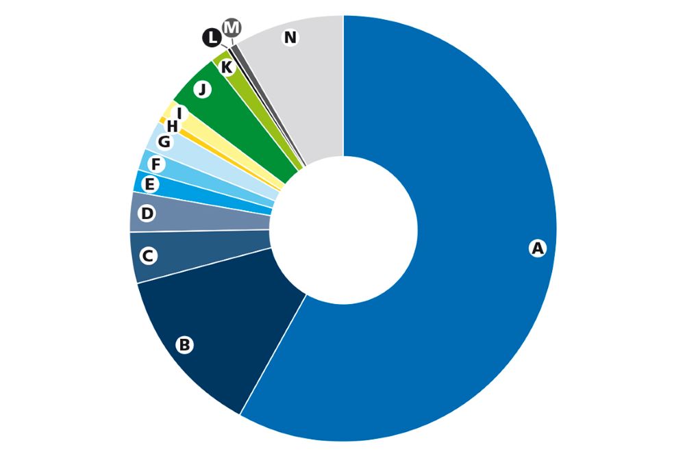 Ett cirkeldiagram som med hjälp av olika färger och bokstäver visar fördelningen mellan olika brottskategorier som har anmälts till SU under 2020 i procent.