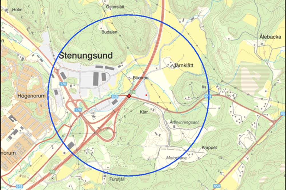 Karta över område i Stenungssund som kan komma att bevakas med drönare under kungens besök den 3 juli.