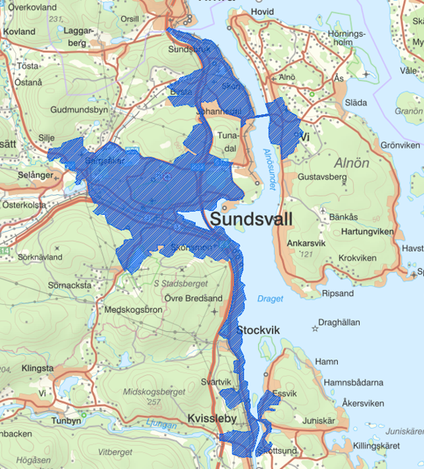 Karta över Sundsvall med omnejd där vissa delar markerats med blått.