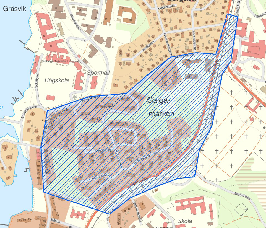 Karta över området Galgamarken och Bergåsa järnvägsstation som kamerabevakas med hjälp av drönare. 