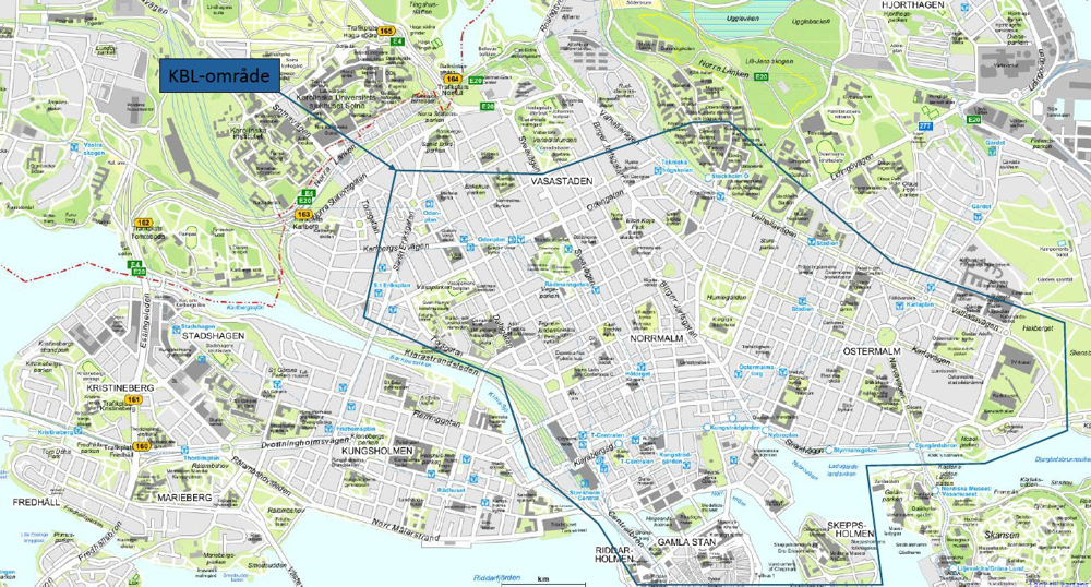 Karta över området i centrala Stockholm som bevakas med drönare.