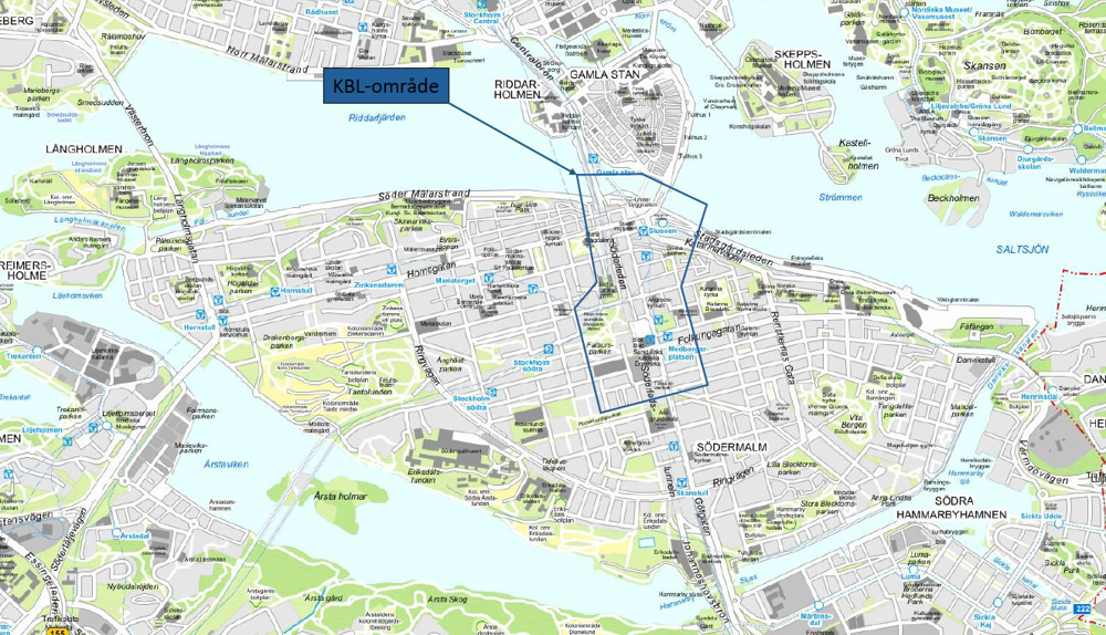 Karta över området på Södermalm som bevakas med drönare.