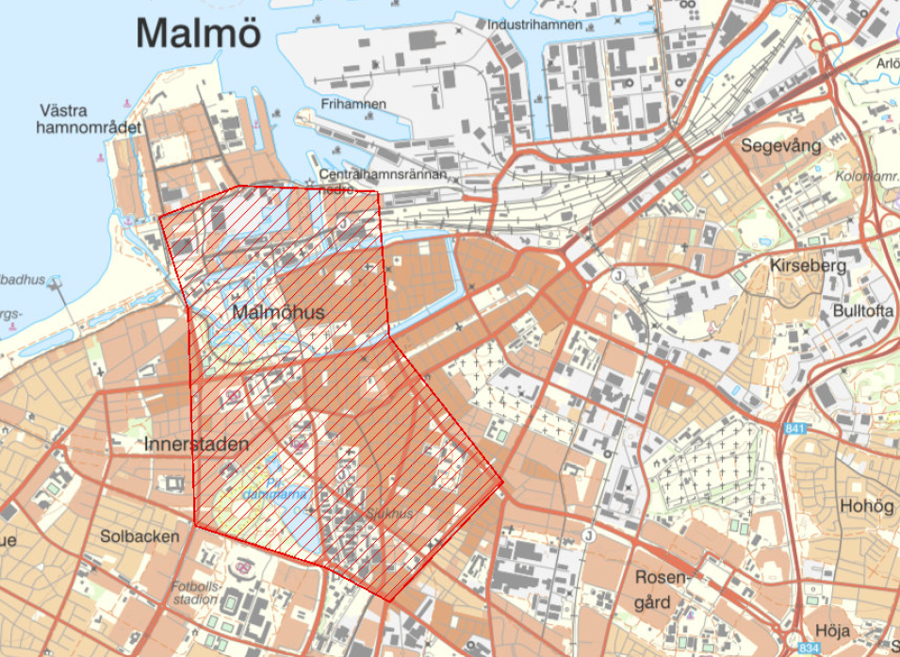 Karta över området i centrala Malmö