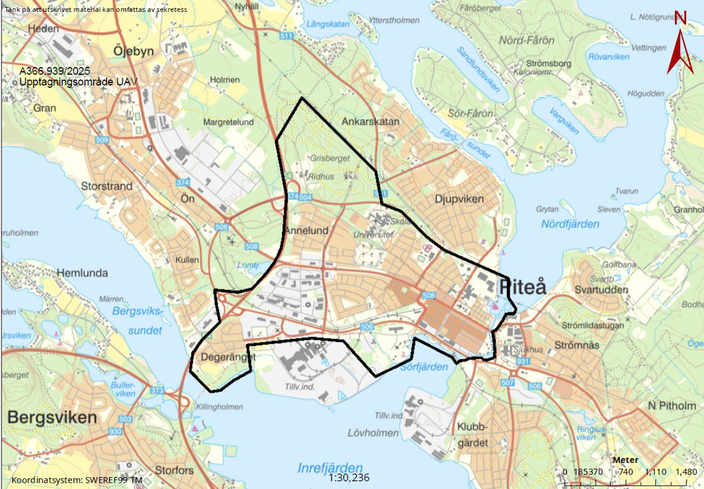 Karta över område i Piteå som kan komma att kamerabevakas med drönare.