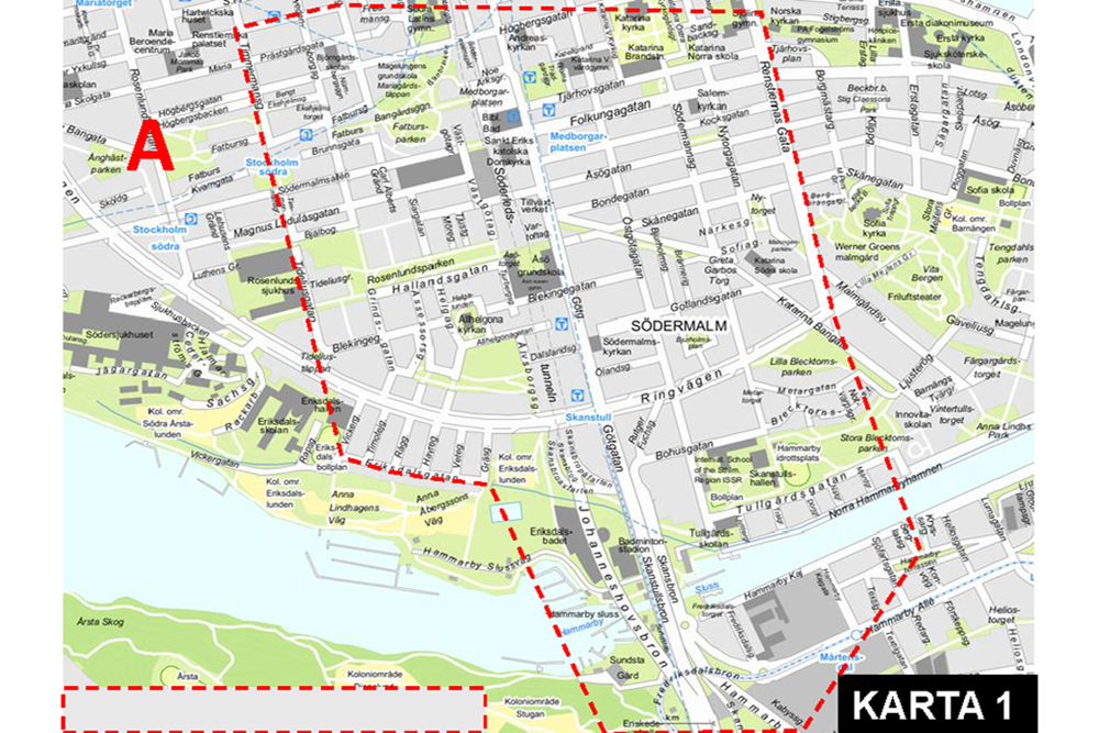 Karta över området runt Södermalm som kan komma att bevakas med drönare.