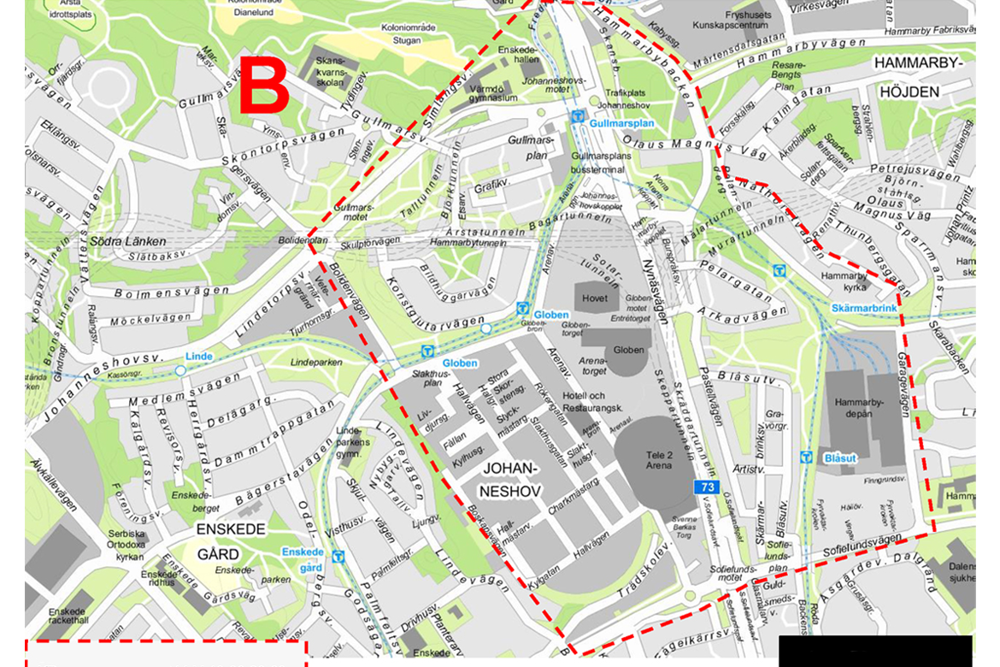 Karta över området runt 3Arenan i Globen som kan komma att bevakas med drönare.