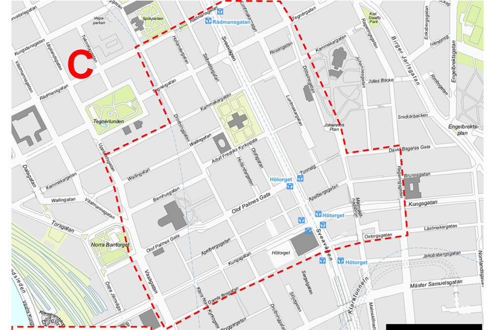 Karta över området runt Hötorget som kan komma att bevakas med drönare.