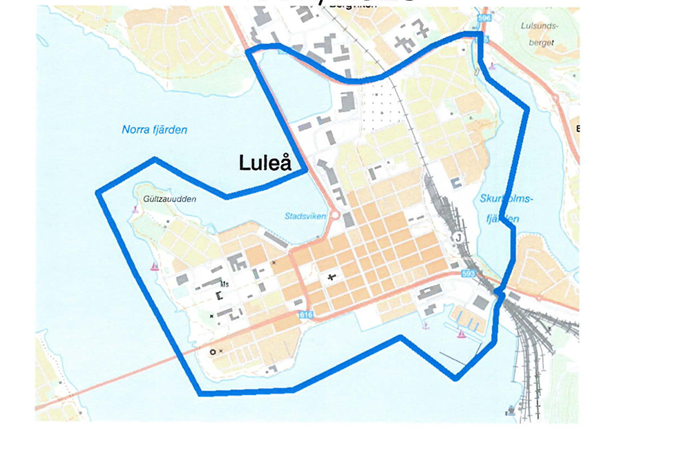 Kartbild över område i Luleå som kan komma att bevakas med drönare