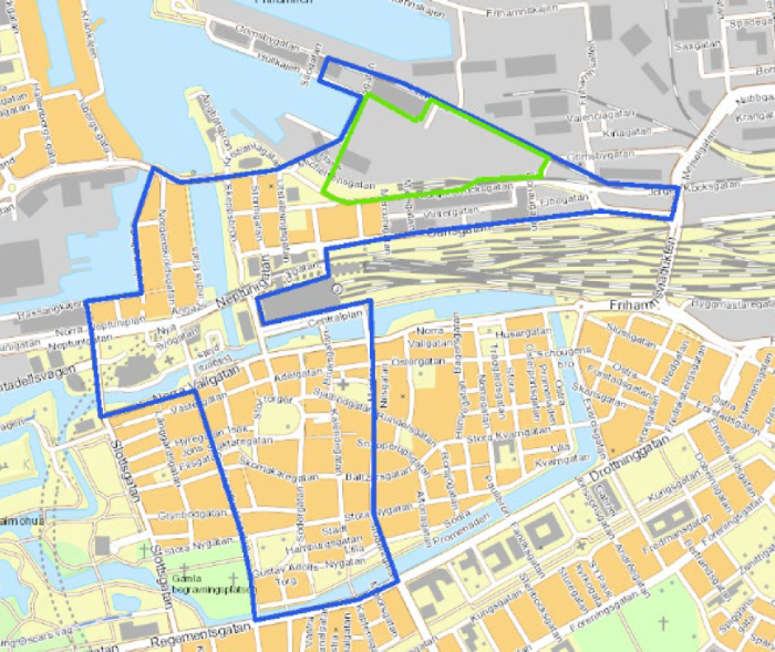 Kartbild över Malmö med markeringar i blått och grönt.