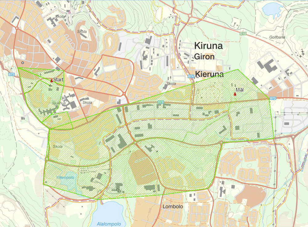 Karta över område för kamerabevakning i Kiruna centrum.