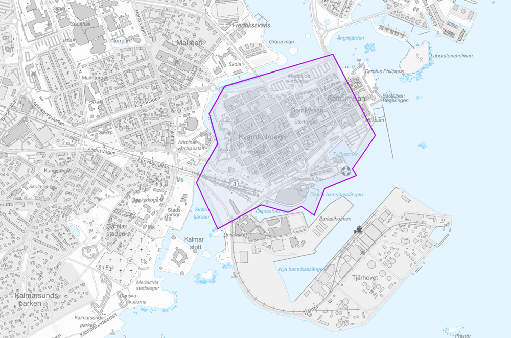 Karta över området i centrala Kalmar som bevakas med drönare.