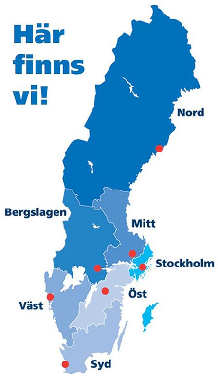 En karta över Sverige som visar våra regioner