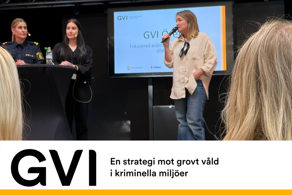 GVI, som bokstäver infällda över scen med personer från polisen, Kriminalvården och Örebro kommun.