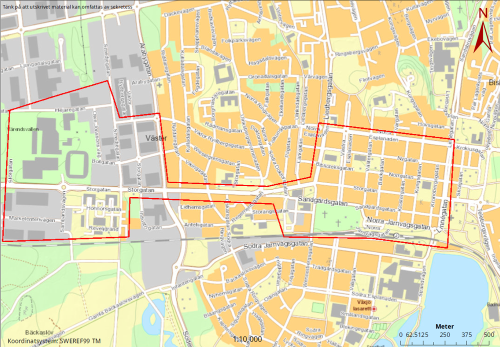 Karta med områden runt och mellan Visma Arena och tågstationen i Växjö markerade.