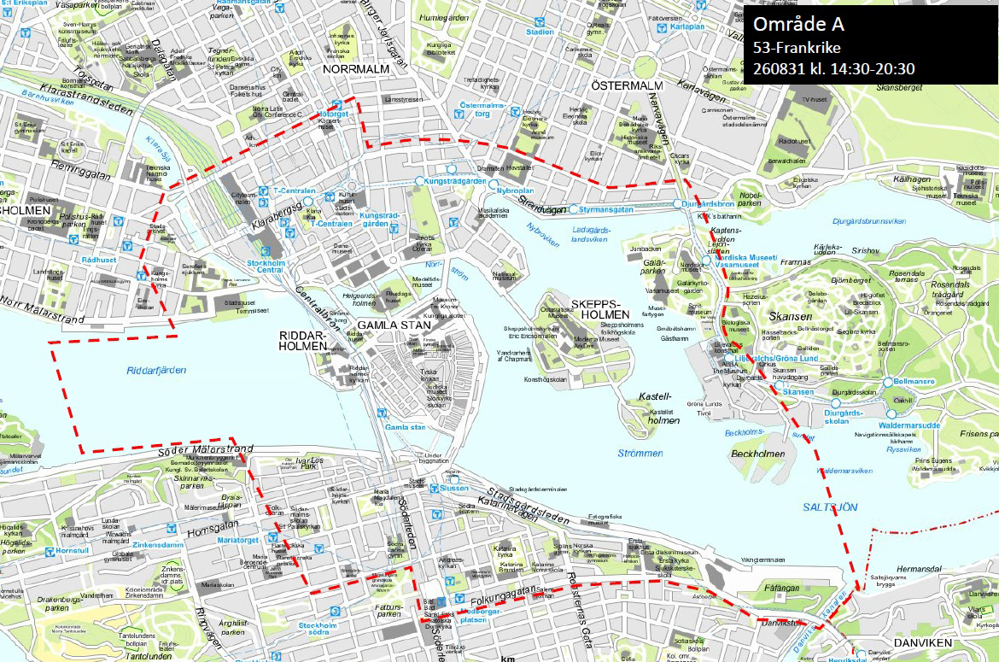 Karta som visar Gamla stan med omgivningar som kan komma att bevakas med drönare. 