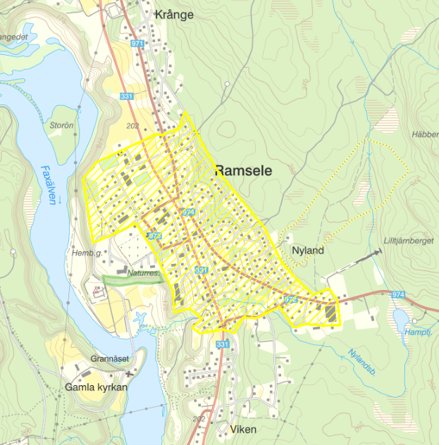 En karta över Ramsele där ett område markerats med gula linjer.