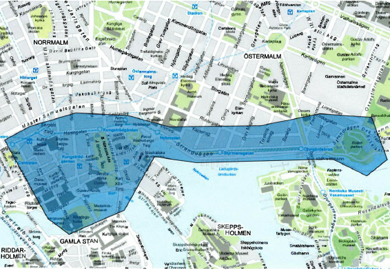 Karta över delar av centrala Stockholm och Östermalm som bevakas av drönare.