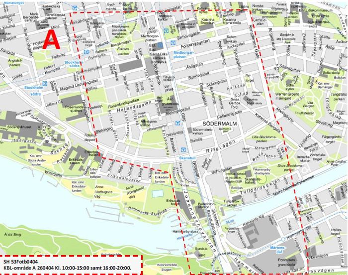 Kartan visar området på Södermalm som kamerabevakas den 4 april klockan 10.00–15.00 samt 16.00–20.00.