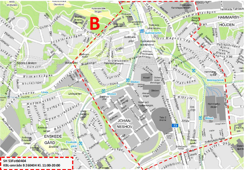 Kartan visar området vid 3Arena som kamerabevakas den 4 april klockan 11.00–20.00.