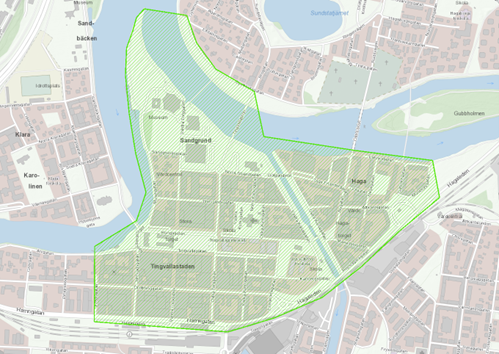 Karta över området i centrala Karlstad som bevakas med drönare.