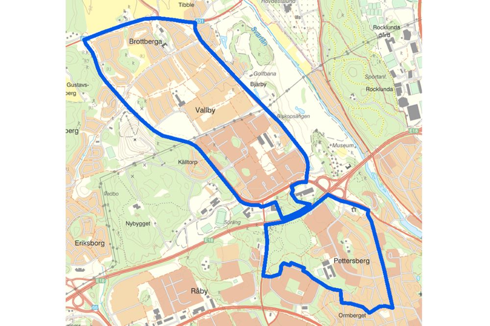 Aktuellt område för drönare (obemannade luftfartyg) på Vallby och Pettersberg.