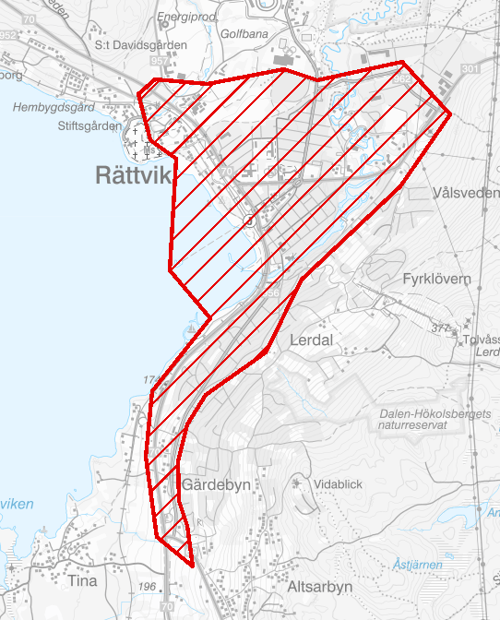 Kartbild över Rättvik, ett område markerat med rött