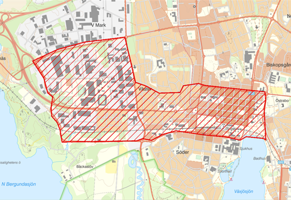 Karta över området i Växjö som bevakas med drönare.