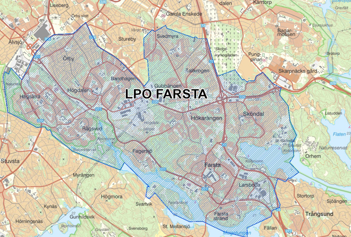 Karta över lokalpolisområde Farsta som sträcker sig från Hagsätra i väster till Sköndal i öster, och från sjön Magelungen i söder till Svedmyra i nord.