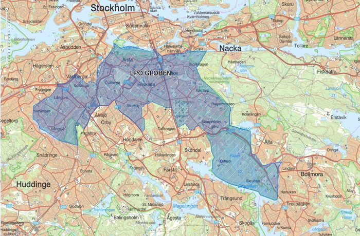 Lokalpolisområde Globen som omfattar bland annat Herrängen, Östberga, Årsta, Enskede, Johanneshov, Bagarmossen och Skarpnäck.