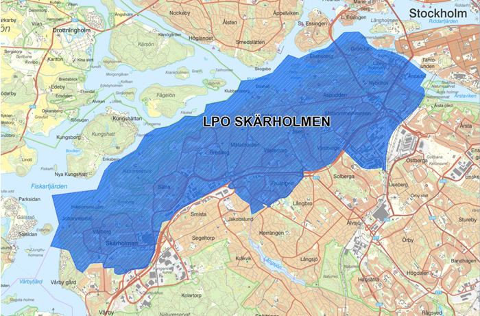 Karta över lokalpolisområde Skärholmen som utgörs av stadsdelarna från Skärholmen i sydväst till Gröndal i nordost.