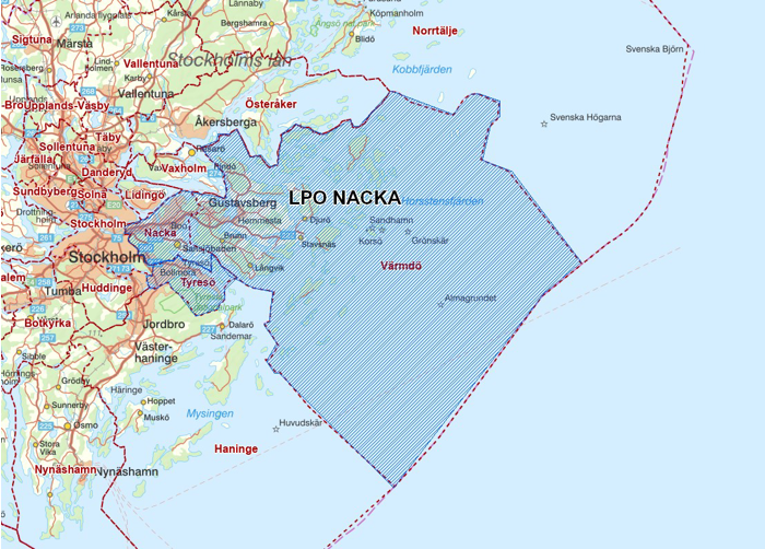 Karta över lokalpolisområde Nacka som omfattar Nacka, Värmdö och Tyresö kommun.