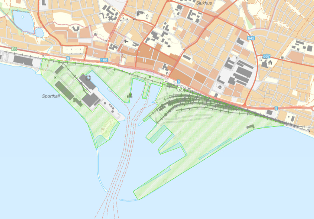 Ett markerat område i anslutning till Trelleborgs hamn som visar området Polismyndigheten kan komma att kamerabevaka. Området sträcker sig ungefär ifrån Strandridaregatan längst Toftgränden och ut mot havet.