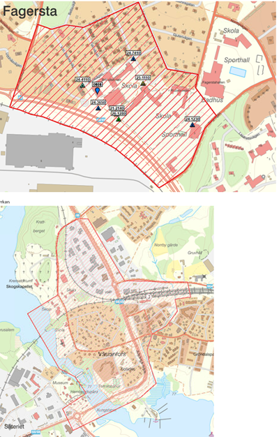 Karta över områden i Fagersta som kan komma att kamerabevakas med drönare.