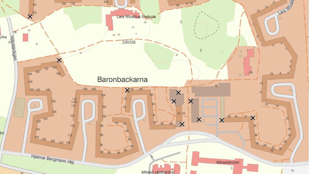 Kartbild över bevakningskameror i Baronbackarna