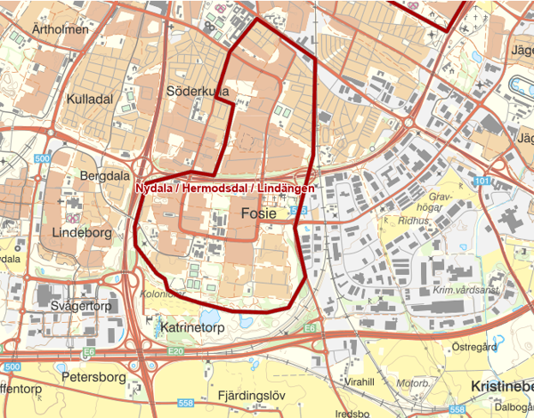 Karta över området Nydala, Hermodsdal och Lindängen som bevakas av drönare.