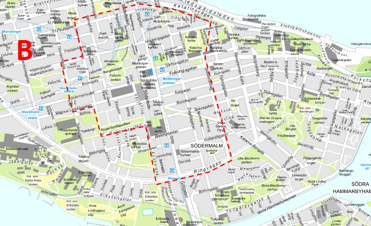 Karta över områden på Södermalm som kan komma att kamerabevakas av drönare den 18 maj.