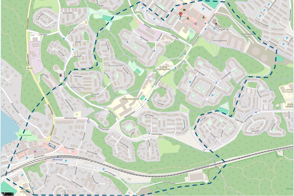 Karta över området i Salem och Rönninge som kan komma att bevakas med drönare.