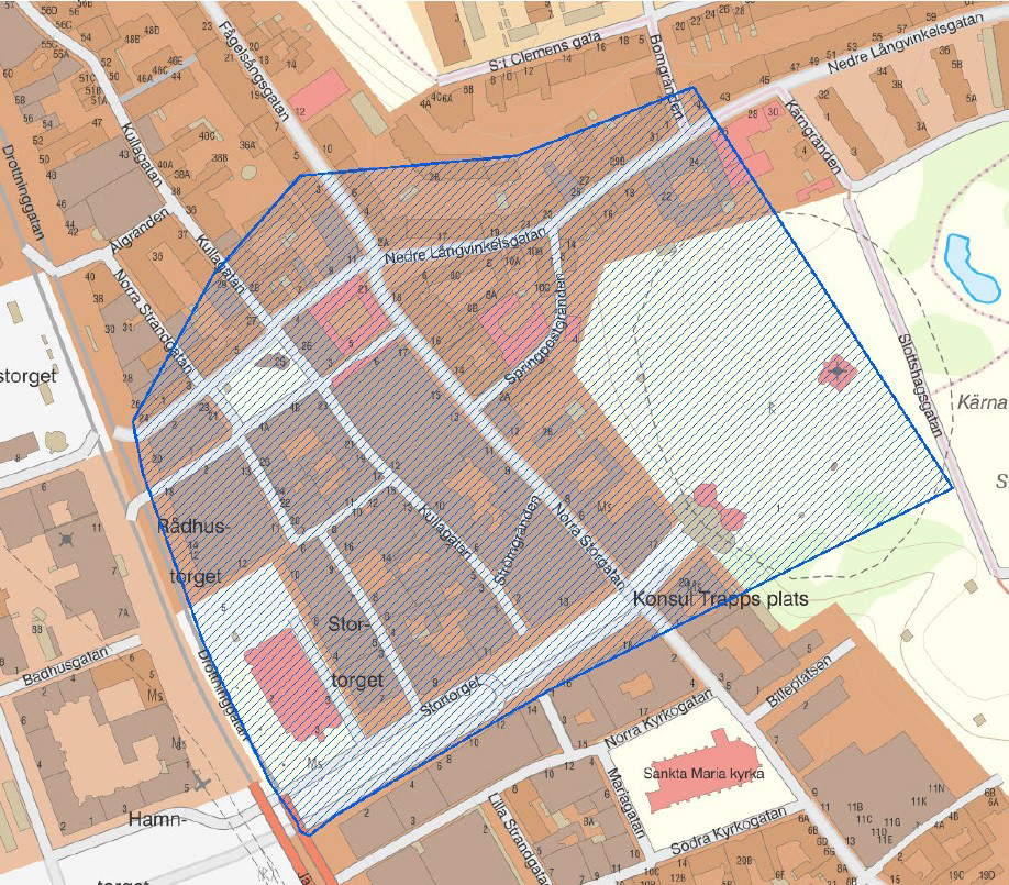Karta över området i centrala Helsingborg som bevakas med drönare.