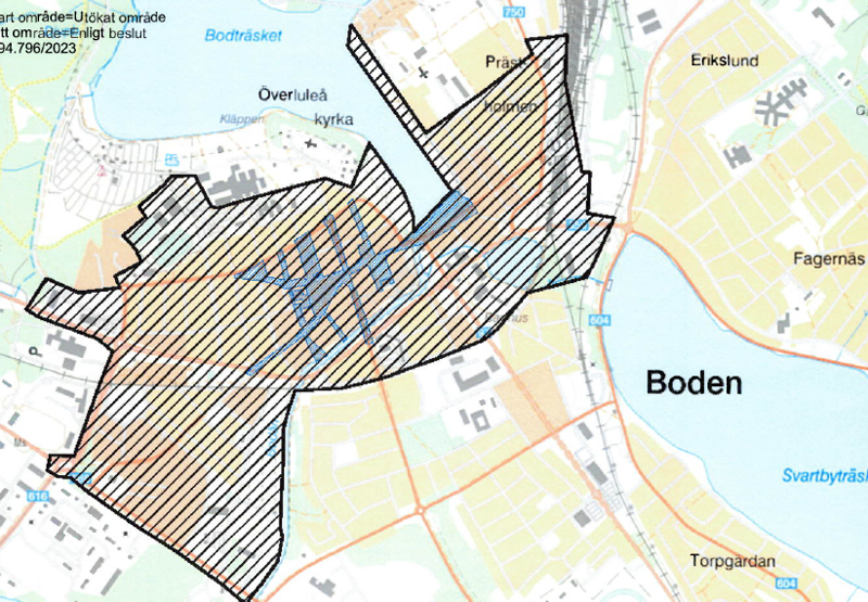 Bilden visar det område kring stadsdelarna Boden Centrum och Prästholmen som kommer att bevakas med fasta kameror.