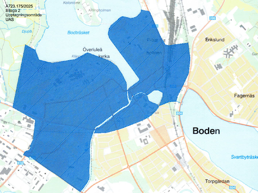 Bilden visar det område kring stadsdelarna Boden Centrum och Prästholmen som kommer att bevakas med drönare.