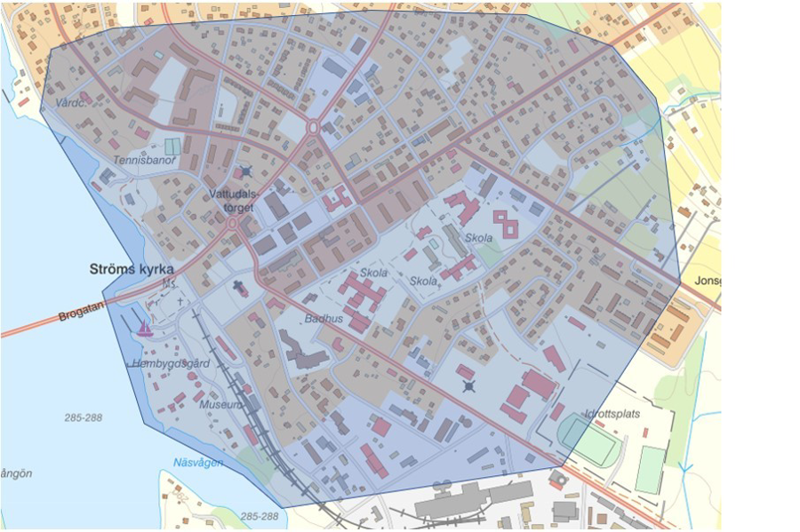 Kartbild med område för kamerabevakning inritat