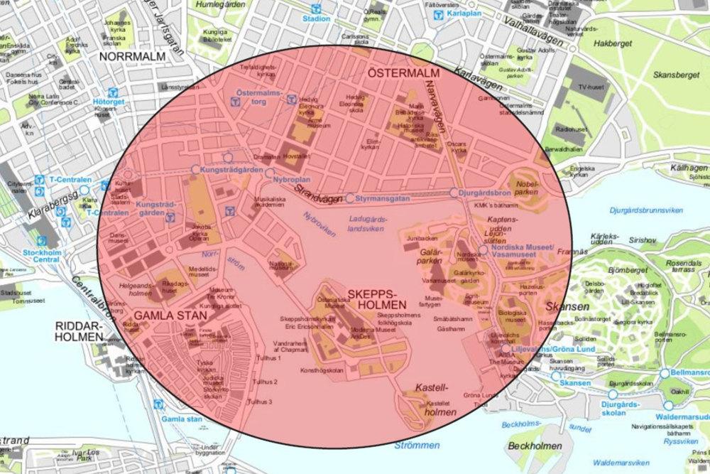 Karta med markerat område som kan komma kamerabevakas med drönare.