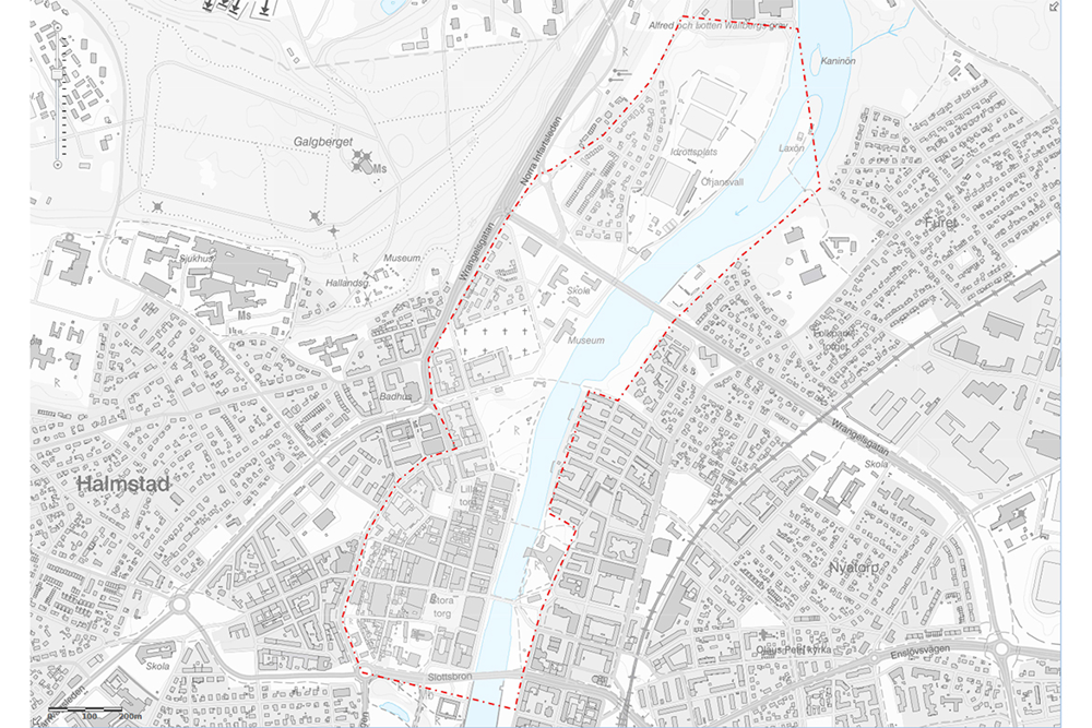 Karta över Örjans Vall och centrala Halmstad som bevakas med drönare.