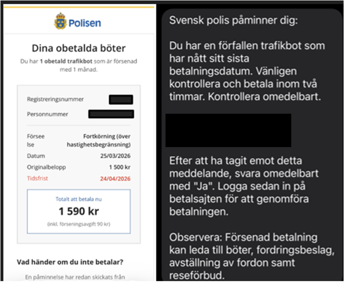 Skärmdump från bedrägeri-sms.