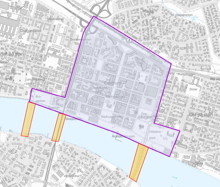 Karta över bevakningsområdet i Umeå centrum, utökat område markerat i gult.