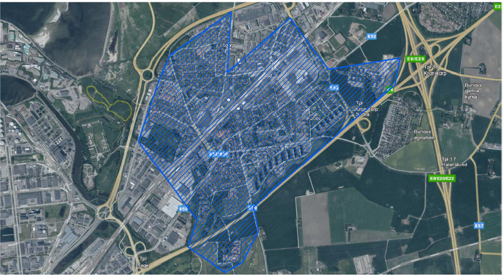 Bilden visar området i centrala Arlöv som kan komma att bevakas med UAS.