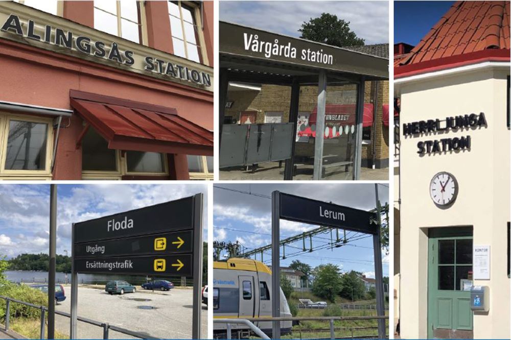 Bildkollage - foton från stationerna i Alingsås, Lerum, Floda, Vårgårda och Herrljunga.