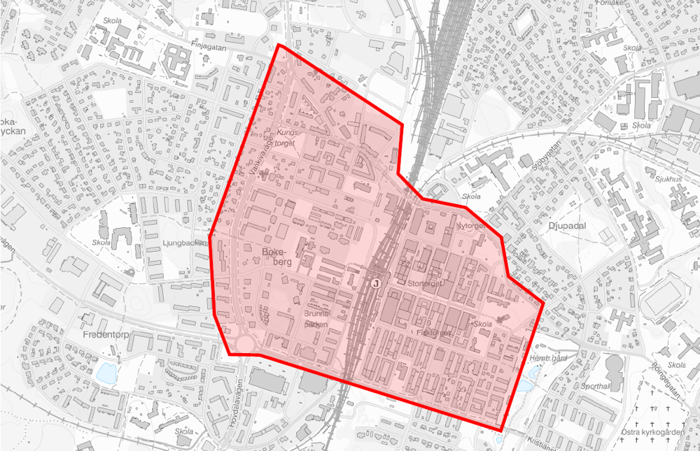Karta över området i centrala Hässleholm som bevakas med drönare.