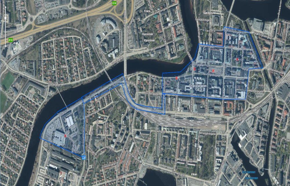 Kartbild över centrala Karlstad med bevakningsområdet streckat.