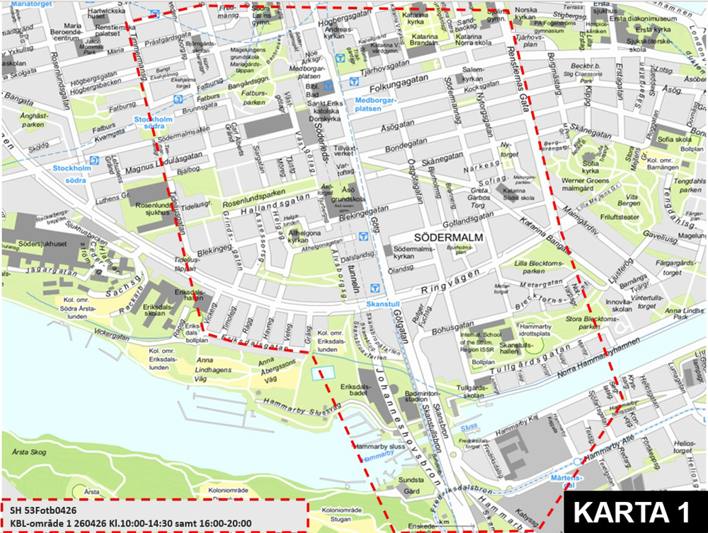 Bild på karta över delar av Södermalm och Johanneshov som kommer kamerabevakas.